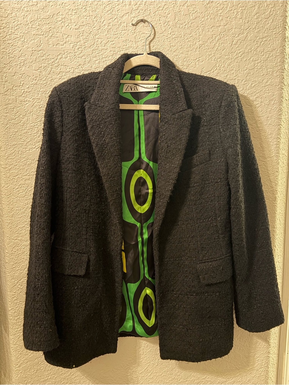Zara Vintage Y2K Black Boucle Blazer with Green Graphic Lining - Large